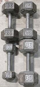 (2) 25LB, (1) 30LB & (1) 10LB Iron Dumbbell Weights