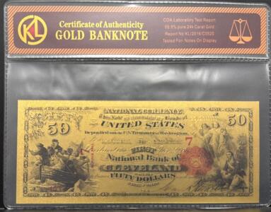 Gold-Plated $50 National Bank of Cleveland Replica, 24k Gold, COA