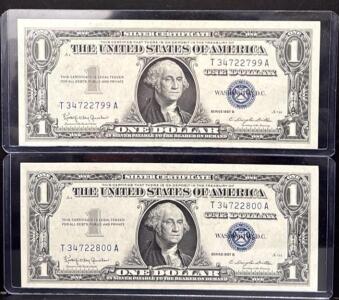 (Crisp) 1957 B U.S. Silver Certificate $1 Bills, Sequential Serial Numbers, Blue Seal