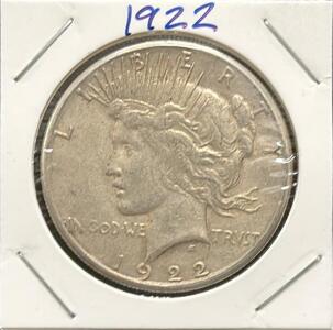 1922 Peace Dollar Coin, One Dollar, 90% Silver, 38.1 mm Diameter