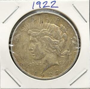 1922 Peace Dollar Coin, One Dollar, 90% Silver, No Mint Mark
