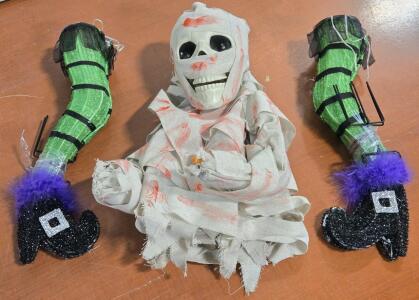 Halloween Decor: (1) Device Controlled Mummy & (2) Pairs of Lighted Witch Legs Stake -18"H