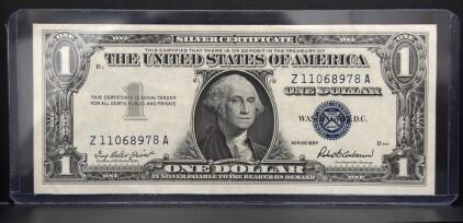 (Crisp) 1957 One Dollar Silver Certificate, Serial Z11068978A, Blue Seal, Anderson/Barr