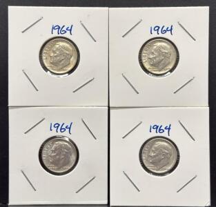 (4) 1964 Roosevelt Dimes, 90% Silver, U.S. Mint