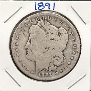 1891 Morgan Dollar Coin, United States, 90% Silver, No Mint Mark
