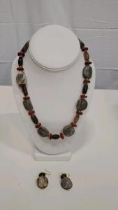 Stone and Metal Jewelry Set, Necklace and Earrings