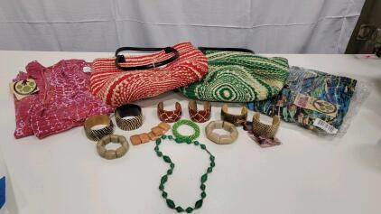 (2) Hand Woven Purse Made in Kenya (6) Boned Bangel Bracelets (4) Bracelets (2) Maxi Dress Size Medium(1) Necklace