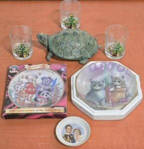 (3) Assorted Decor Plates, (3) Christmas Themed Glasses & Walking/Singing Turtle
