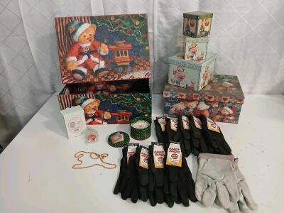 (5) Vintage Christmas Bear Gift Boxes (10) Pairs Of Assorted Gloves (1) Vintage Cherished Teddies "Believe" Hanging Ornament & More