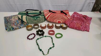 (2) Hand Woven Purse Made in Kenya (6) Boned Bangel Bracelets (4) Bracelets (2) Maxi Dress Size Medium(1) Necklace