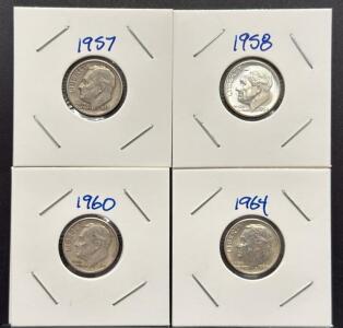 1957, 1958, 1960, 1964 U.S. Roosevelt Dime Coins, 90% Silver