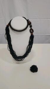 Black Beaded Necklace and Brooch Set with Wooden Accents