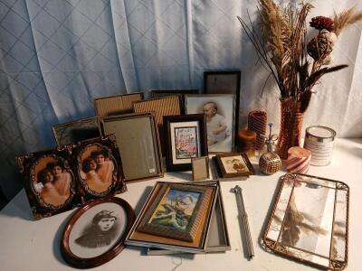 (16) Assorted Vintage Picture Frames (1) 10" Glass Vase (1) 15"x8" Mirror Trinket/Decor Dish & More
