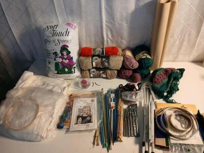 (10+) Assorted Crochet Needles (9) Bundles Of Assorted Yarn (1) Bag Of Stiching Cloth & More