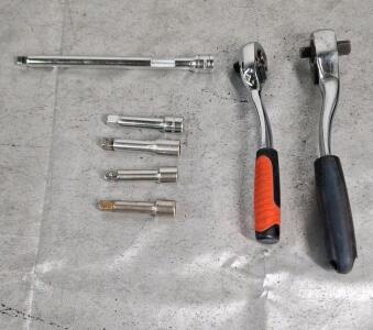 (1) 3/8" Drive Ratchet, (1) Dual 3/8" - 1/2" Drive Ratchet & (5) Extensions