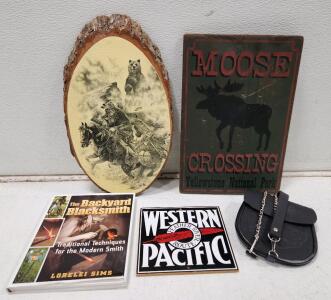 (1) Vintage 80s Bill O'Neil Trapper Grizzly &ldquo;Awakened Giant" Western Wooden Plaque (1) Vintage-style Moose Crossing Yellowstone National Park Sign (1) Western Pacific Railroad Feather River Route Reproduction Sign And More