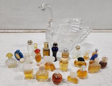 (1) Vintage Lead Crystal Swan Candy Dish (24) Assorted Vintage Miniature Perfume Oil Bottles