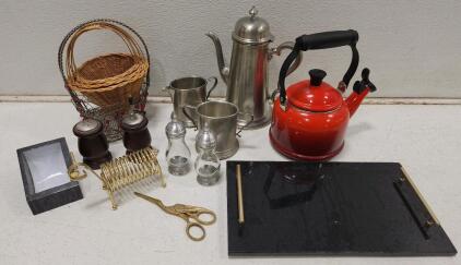 (1) Vintage 3-Piece Pewter Coffee Set (1) Le Creuset 1.25-quart Demi Tea Kettle (1) Vintage Mid-Century Modern Brass-Toned Coiled Wire Animal Letter Holder And More