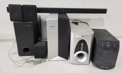 (1) Philips Subwooder Speaker (3) Philips Rear Speakers (1) Philips AV Subwoofer (1) Altex Lansing Speaker And More