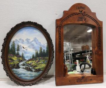 (1) Vintage Signed Mountain Landscape Oil Painting (1) Idaho 1800s Elixir Rustic Wooden Wall Mirror W/ Decorative Bottles