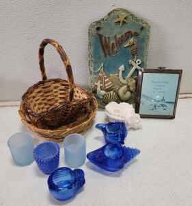(3) Vintage Blue Glass Shell Candle Holders (2) Vintage Frosted Blue Glass Candle Holders (1) Korean Made Votive Shell Candle Holder And More