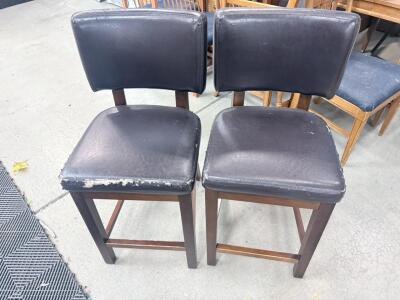 Pair of Dark Brown Faux Leather Bar Stools, Wood Frame, 24" Seat Height