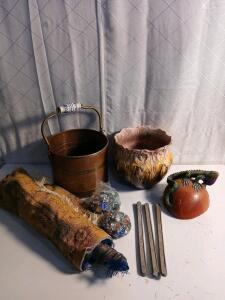 Vintage Decorative Lot: Metal Bucket, Ceramic Vase, Glass Marbles
