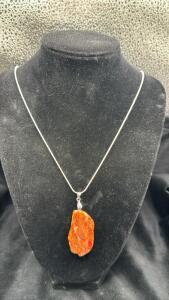 37.45 ct. Orange Sea Sediment Jasper Freeform Slice Pendant & 24&rdquo; .925 Silver Necklace