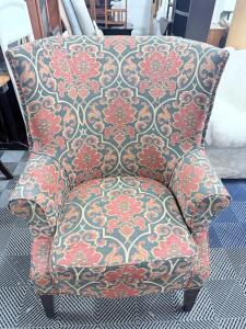 Wingback Armchair, Red & Blue Floral Pattern, Wooden Legs