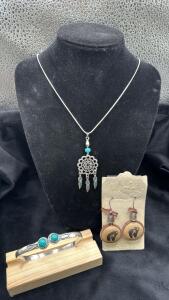(1) Turquoise Cuffed Bracelet, (1) Pair Of Handmade Rock Hand Painted Earrings & (1) Dream Catcher w/ Turquoise Pendant & 24&rdquo; .925 Silver Necklace