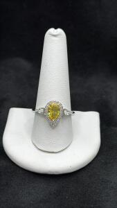 Faceted Teardrop Cut Amber Citrine Set Into A Silver Toned Ring Size 10