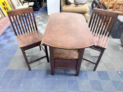 Dark Wood Drop-Leaf Dining Table Set with 2 Chairs and Storage