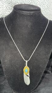 Tibetan Silver Feather W/ Turquoise Insert Pendant & 24&rdquo; .925 Silver Necklace