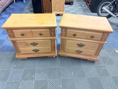 Pair of Wooden Nightstands, 3-Drawer, Light Wood Finish, Decorative Design