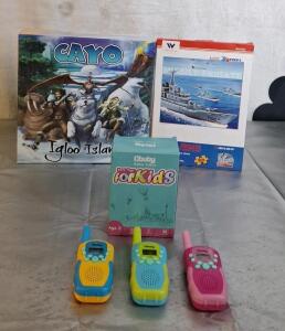 (1) Red Wolf - CAYO Igloo Island Board Game & (1) 3D Puzzle & (1) 3-Pack Of Kids Walkie Talkies