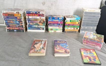 (46) Kid's VHS Movies & (7) DVD Movies Including Mulan, Aladdin & Willy Wonka & The Chocolate Factory