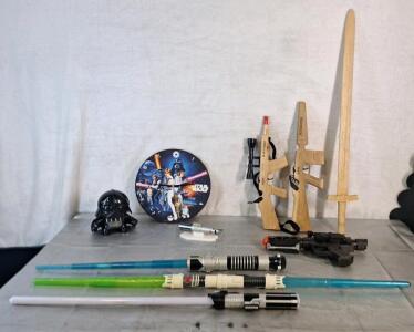 (1) Star Wars Wall Clock, (1) Darth Vader Alarm Clock & Assorted Toys