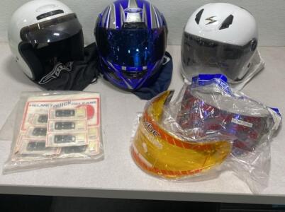 (3) Motorcycle Helmets (2) Visors and (10) Helmet Quick Release