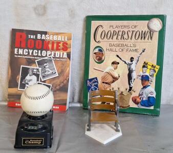 (1) Vintage Baseball Clock / Radio, (1) Baseball Rookies Encyclopedia & (1) Baseball's Hall Of Fame - Players Of Cooperstown