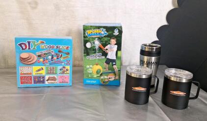 (1) DYI Wood Slice Art Kit, (1) Splash Baseball Sprinkler Toy, (2) 12-Oz Stainless Steel Insulated Mugs W/Lids & (1) 15-Oz Stainless Steel Insulated Mug W/Lid