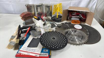 Assorted Lot Of Building Supplies & More - Sand Paper , Saw Blades , Painting Supplies & More