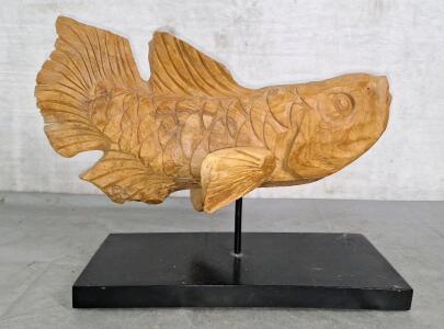 (1) Hand Carved Wooden Fish Sculpture, 13"T x 17"L