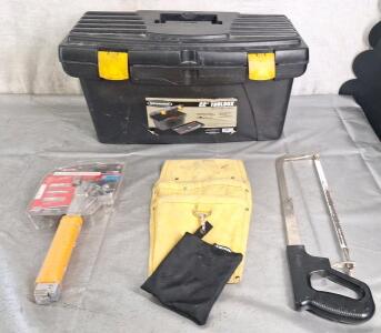 (1) Arrow HT50 Stapler, (1) Hacksaw, (1) Tool Belt Pouch & (1) 22" Plastic Toolbox