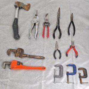 (2) 10" Pipe Wrenches & Assorted Hand Tools