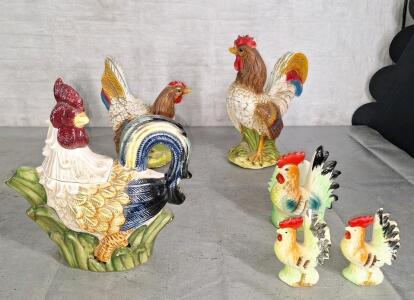 (1) Ceramic Rooster Teapot, (1) Ceramic 3-Piece Rooster Salt & Pepper Shaker Set & (2) Epoxy Chicken Figurenes