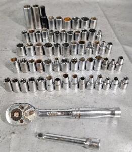 (1) 1/4" Drive Ratchet, (1) Extension & Assorted Sockets