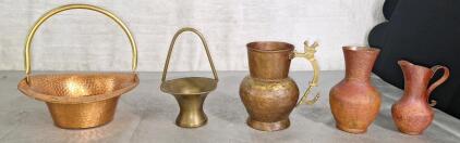 (1) Copper Basket, (1) Brass Basket & (3) Brass Vases