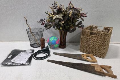 (2) Hand Saw 15" Blade and 20" Blade (1) Instant Mesh Guard Screen Door (1) Outdoor Spot Light *tested* bulb not included (1) Brown Glass Vase (1) 14" x 10" x 11" w/Faux Flowers and more