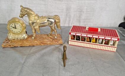 (1) Vintage United #315 Mantel Horse Clock, (1) Brass Horse Hook & (1) Horse Barn