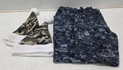 (2) Medium/Long Blue Naval BDU Camo Pants (2) Green Camo Santa Hats (1) Red and White Whirligig Outdoor Decoration 39"